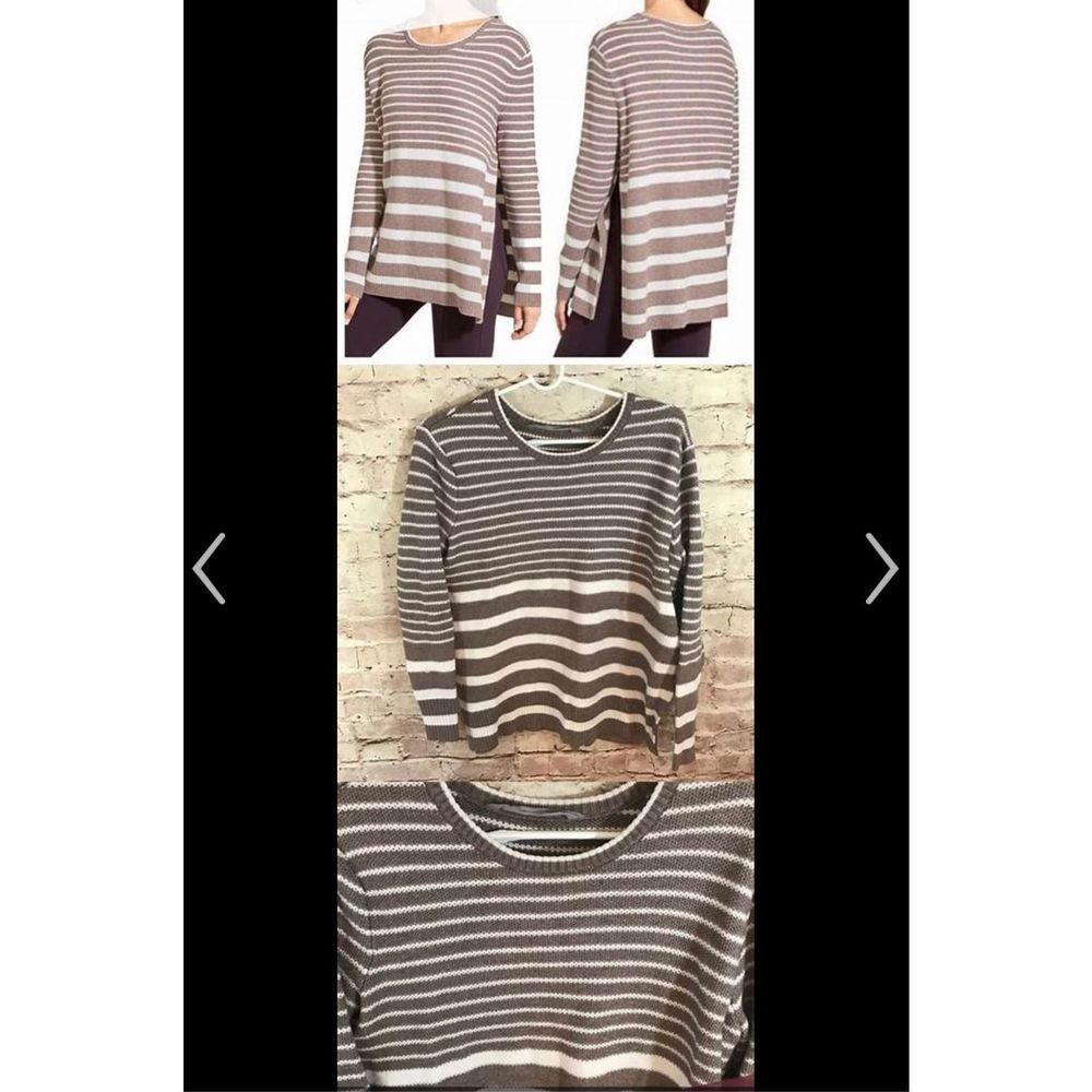 Athleta Kennewick Sweater Women's Size Xxs Tan Ivory Striped Side Slit Scoop Nec